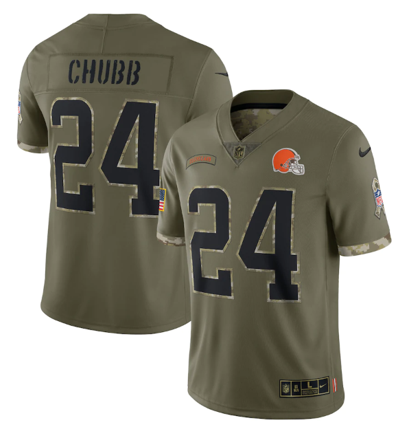 Men's Cleveland Browns #24 Nick Chubb Olive 2022 Salute To Service Limited Stitched Jersey Men's Cleveland Browns #24 Nick Chubb Olive 2022 Salute To Service Limited Stitched Jersey